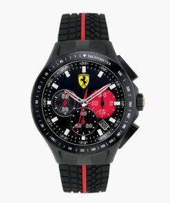 Ferrari Men’s Chronograph Tachymeter Watch | Luxury Black Dial Sports Watch with Red Accents & Silicone Strap