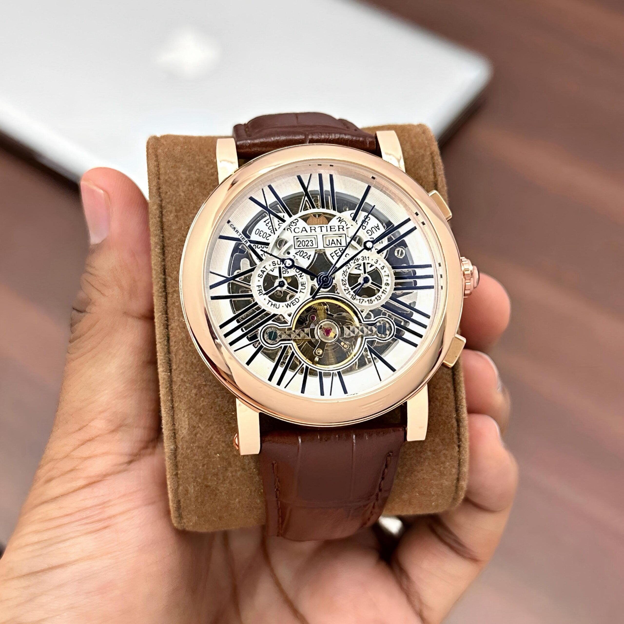 Cartier Skeleton Dial Automatic Watch – Rose Gold Case with Brown Leather Strap - Image 2
