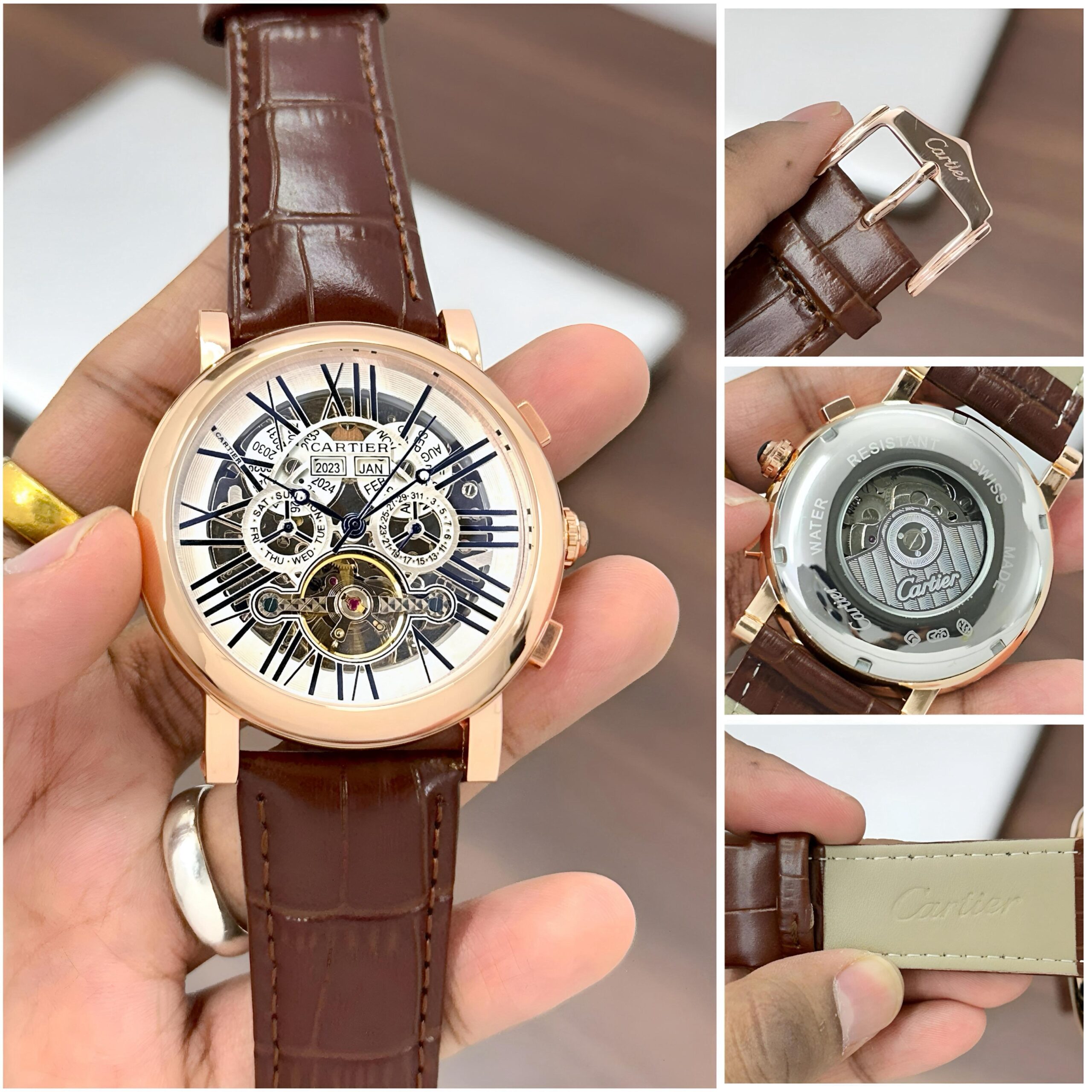 Cartier Skeleton Dial Automatic Watch – Rose Gold Case with Brown Leather Strap - Image 3