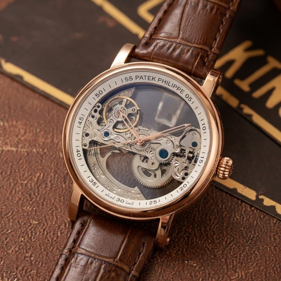 Patek Philippe Skeleton Automatic Watch – Rose Gold Brown Leather | Classic & Moonphase Edition - Image 2
