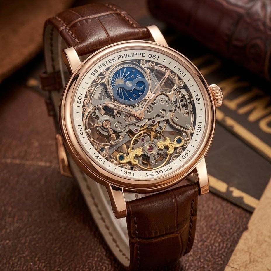 Patek Philippe Skeleton Automatic Watch – Rose Gold Brown Leather | Classic & Moonphase Edition
