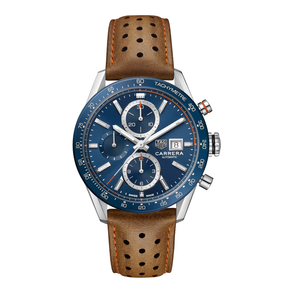 TAG Heuer Carrera Automatic Chronograph Blue Dial Brown Leather Strap Watch