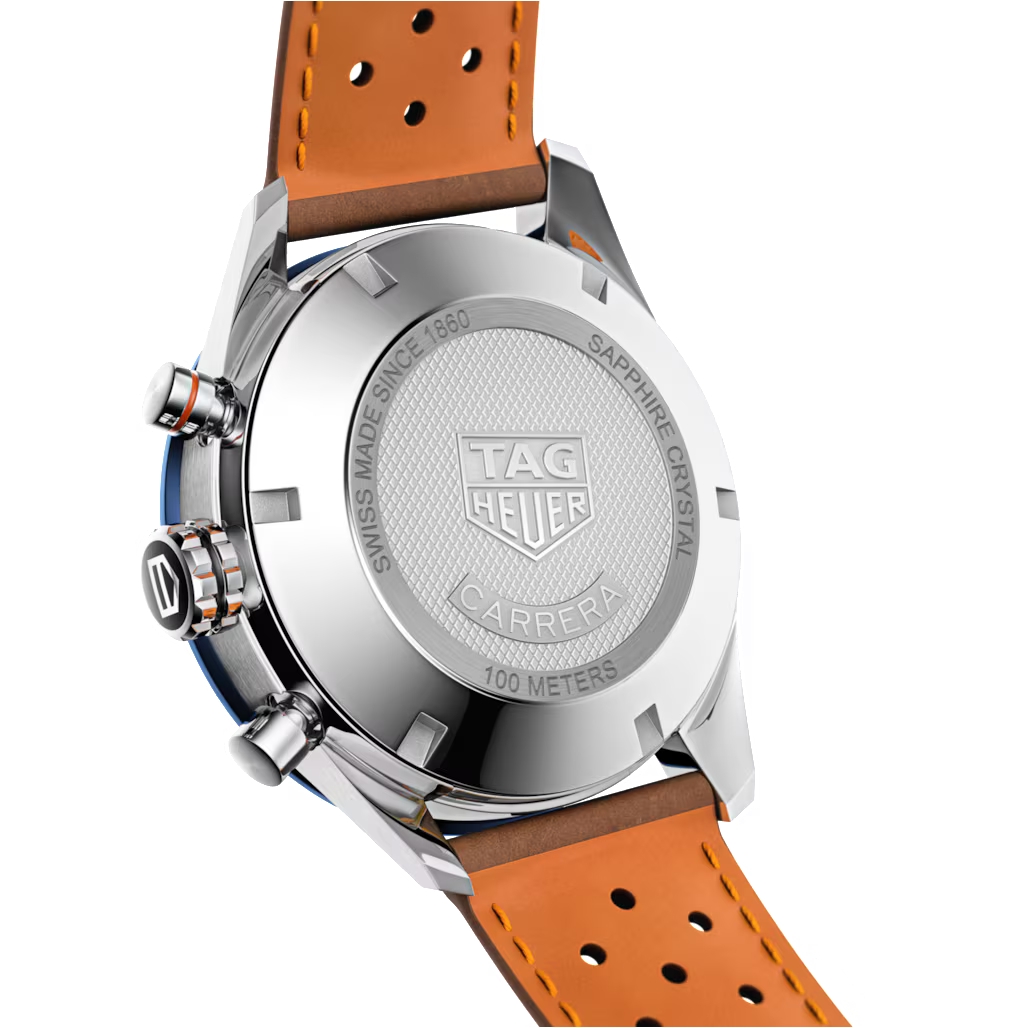 TAG Heuer Carrera Automatic Chronograph Blue Dial Brown Leather Strap Watch - Image 3