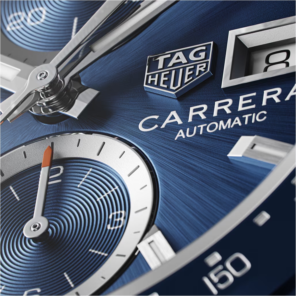 TAG Heuer Carrera Automatic Chronograph Blue Dial Brown Leather Strap Watch - Image 5